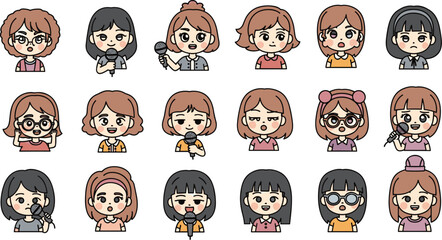 Cartoon girls with varied expressions in rows hold microphones