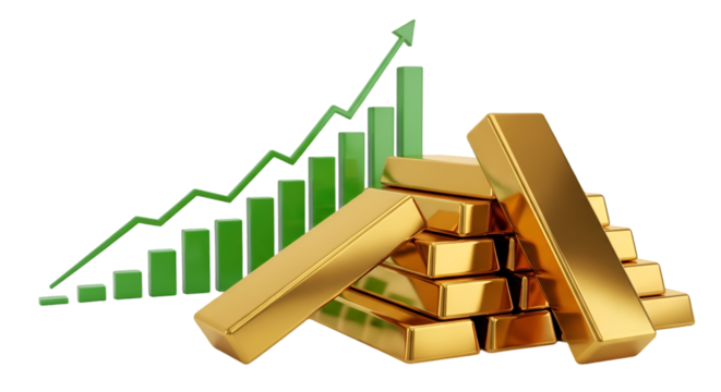 A stack of shiny gold bars with a green bar chart and an upward arrow in the background, symbolizing investment growth and financial success.