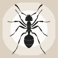 Ant silhouette. This image shows a black silhouette of an ant with detailed legs, antennae, and segmented body, symbolizing a small and industrious insect. Vector clipart illustration design.