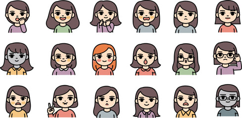 Collection of eighteen cartoon girls showing different expressions and emotions in a flat design style
