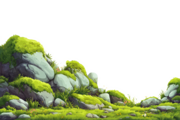 green moss and stone, Green grass or moss over rocks isolated on transparent background, green grassy hills for poster banner cover design