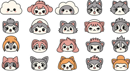 Cartoon character head collection with playful expressions, diverse hair styles, and cute features.