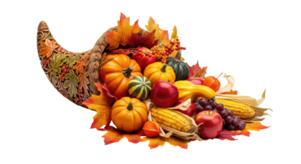 Cornucopia Filled with Harvest Fruits and Vegetables cutout isolated on transparent bg, png