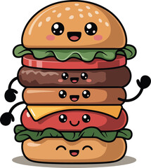 Stacked Burger Cartoon Character with Smiling Faces and Arms on Transparent Background