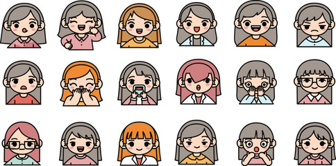 Cartoon faces collection showing various emotions. Vector illustration