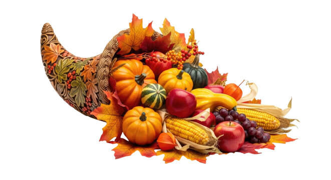 Cornucopia Filled with Harvest Fruits and Vegetables cutout isolated on transparent bg, png