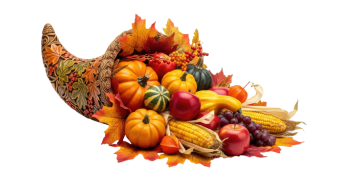 Cornucopia Filled with Harvest Fruits and Vegetables cutout isolated on transparent bg, png