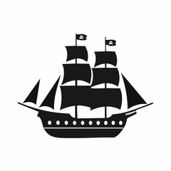 Pirate ship silhouette. This image shows a black silhouette of a pirate ship with multiple sails and masts, also known as a galleon or frigate. Vector clipart illustration design.