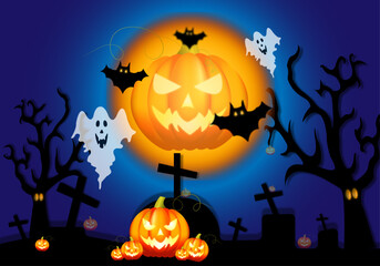 Fototapeta premium HALLOWEEN..Walpurgis Night .Lord of Halloween big pumpkin against the background of a big moon among crosses, bats and ghosts.