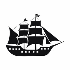 Pirate ship silhouette. This image shows a black silhouette of a pirate ship with multiple sails and masts, also known as a galleon or frigate. Vector clipart illustration design.