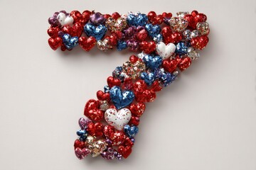 number seven made of papery tiny hearts on white background
