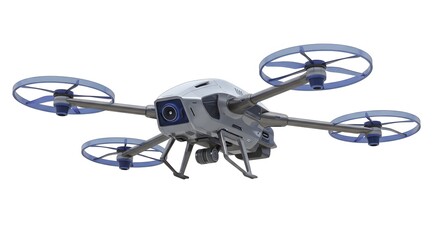 An aerial drone hovering in mid-air, ready to capture footage. The drone features four rotors and is equipped with a camera for aerial photography