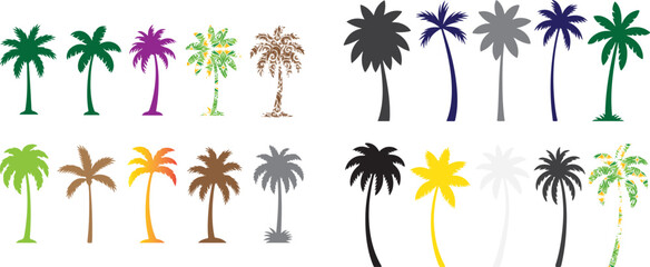 Colorful palm trees silhouette collection silhouettes