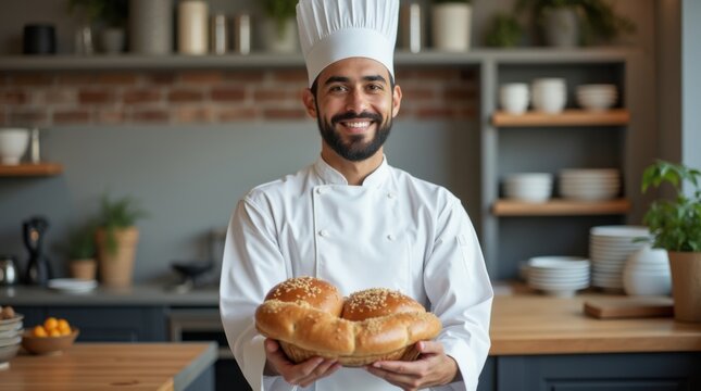 Arabian baker smiling proudly in professional bakery kitchen setting
