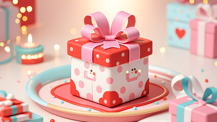 Gift Box with Red Bow and Cake Decorations