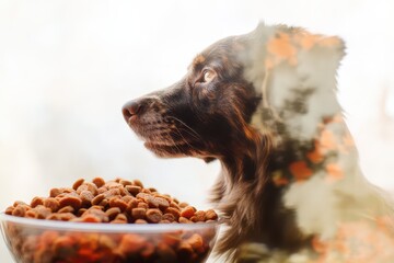 Double exposure stock photo of pet face blended with full food bowl