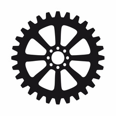 Bike sprocket silhouette. This image shows a black silhouette of a circular bike sprocket with visible teeth, symbolizing mechanics and engineering. Vector clipart illustration design.