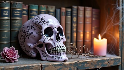 Decorative skull with books and candle on vintage bookshelf setting