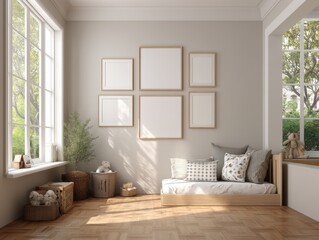 A room with a couch and a bed. The couch is white and the bed is white. There are pictures on the wall