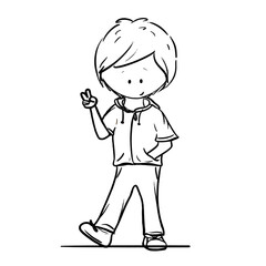 Boy wearing a hoodie making a peace sign cartoon outline illustration