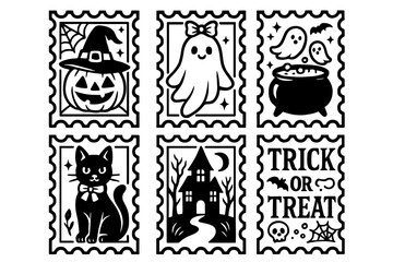 Set of Halloween stamp-style designs with pumpkins, ghosts, and trick or treat text in black and white
