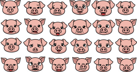 Cartoon pig faces with diverse expressions in rows
