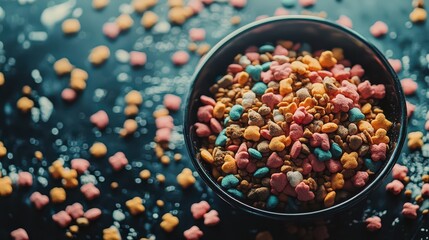 High-resolution stock photo close-up of pet food bowl, detailed textures of kibble, feeding mat with scattered pieces