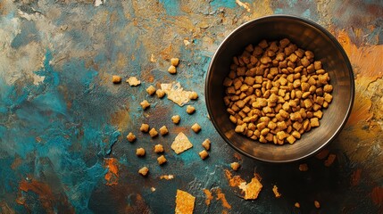 High-resolution stock photo of pet food bowl with scattered kibble on feeding mat