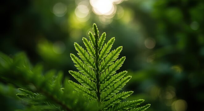 A detailed close-up of a vibrant green leaf, showcasing delicate, feathery textures and bathed in soft sunlight, with a blurred natural background.