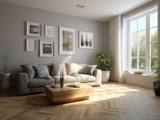 A living room with a couch, coffee table, and potted plant. The couch is white and the coffee table is brown. There are several pictures on the wall, including one of a tree