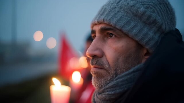 Middle-aged man holding a candle in vigil, thoughtful atmosphere as he stands in winter twilight, intimate moment during a peaceful protest or remembrance ceremony
