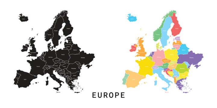 Europe map set. Black silhouette map and colored detailed map. Vector on white background.
