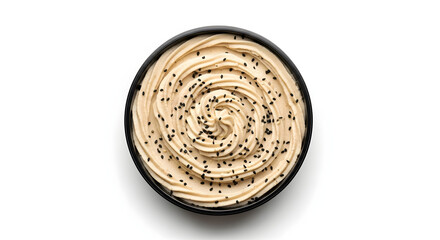 Bowl of hummus drizzled with olive oil and sprinkled with sesame seeds — Mediterranean dip on white background