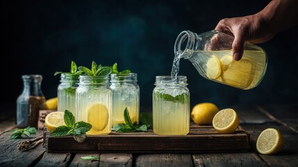 A refreshing summer drink setup featuring jars of lemonade with mint and lemon slices. A pitcher is pouring lemonade, creating an inviting atmosphere perfect for gatherings.