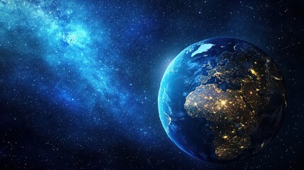 Obraz premium Stock photo of Earth at night from space, showing city lights across continents with faint Milky Way, ultra-sharp natural satellite imagery