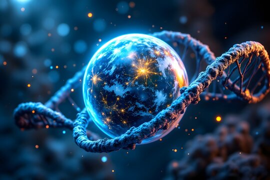 3D Render of Earth Surrounded by Molecular DNA Structure