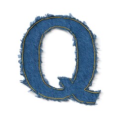 Denim Q: An eye-level, high-angle composition captures the unique texture and details of a single, meticulously crafted Q character.