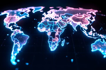 Futuristic Digital World Map with Neon Lights and Grid Background