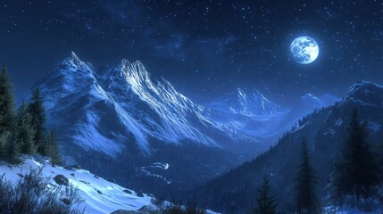 Snow-capped mountains glowing under moonlight with starry night sky and serene peaceful atmosphere