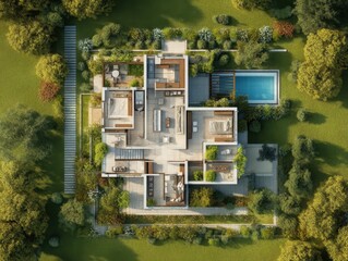 A house with a pool and a garden. The house has three floors and a balcony. The pool is located in the backyard