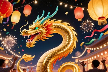 Fototapeta premium A surreal artwork of a golden dragon curling, its shimmering body extending outside in festive light