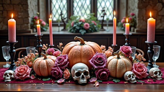 Elegant halloween table decor with pumpkins, skulls, pink roses, and candles