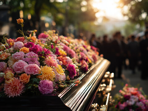 A black coffin covered with flowers. In the background are people who came to say goodbye.