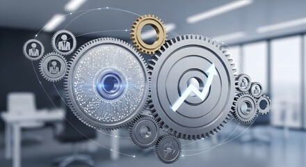 Interlocking Gears with Business Icons and a Growth Arrow, Representing Teamwork, Technology, and Corporate Strategy.