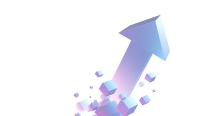 3D blue and purple arrow with floating cubes on a white background