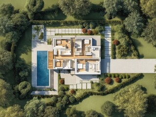A house with a pool and a driveway. The house is surrounded by trees. The pool is on the left side of the house