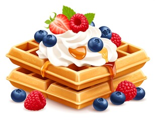 Stack of waffles topped with whipped cream, berries, and honey