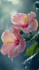 AI generator images of Beautiful Hibiscus Flowers , pink Hibiscus flower blooming among the leaves in the garden.