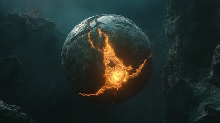 Surreal concept art of floating Earth orb with glowing molten core, deep darkness and dramatic sci-fi cinematic atmosphere