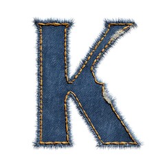 Denim K Letter: A close-up photograph showcases a stylish letter K crafted from textured denim fabric, exuding a handcrafted aesthetic with visible stitching and an artistic torn edge detail.